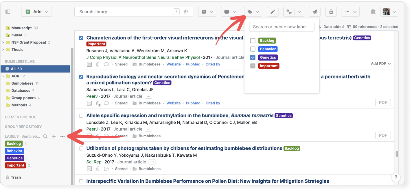 A shared library with arrows pointing to the label button in the toolbar, which opens a “Search or create new label” list of Backlog, Behavior, Genetics and Important, and to the Labels section in the sidebar.